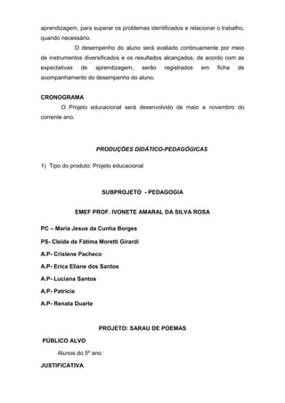 aprendizagem, para superar os problemas identificados e relacionar o trabalho,
quando necessário.
O desempenho do aluno será avaliado continuamente por meio
de instrumentos diversificados e os resultados alcançados, de acordo com as
expectativas de aprendizagem, serão registrados em ficha de
acompanhamento do desempenho do aluno.
CRONOGRAMA
O Projeto educacional será desenvolvido de maio a novembro do
corrente ano.
PRODUÇÕES DIDÁTICO-PEDAGÓGICAS
1) Tipo do produto: Projeto educacional
SUBPROJETO - PEDAGOGIA
EMEF PROF. IVONETE AMARAL DA SILVA ROSA
PC – Maria Jesus da Cunha Borges
PS- Cleide de Fátima Moretti Girardi
A.P- Crislene Pacheco
A.P- Erica Eliane dos Santos
A.P- Luciana Santos
A.P- Patrícia
A.P- Renata Duarte
PROJETO: SARAU DE POEMAS
PÚBLICO ALVO
Alunos do 5º ano
JUSTIFICATIVA
 