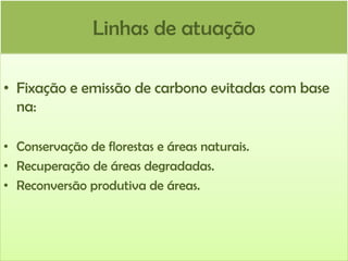 Linhas de atuação
• Fixação e emissão de carbono evitadas com base
na:
• Conservação de florestas e áreas naturais.
• Recuperação de áreas degradadas.
• Reconversão produtiva de áreas.

 