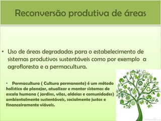 Reconversão produtiva de áreas

• Uso de áreas degradadas para o estabelecimento de
sistemas produtivos sustentáveis como por exemplo a
agrofloresta e a permacultura.
• Permacultura ( Cultura permanente) é um método
holístico de planejar, atualizar e manter sistemas de
escala humana ( jardins, vilas, aldeias e comunidades)
ambientalmente sustentáveis, socialmente justos e
financeiramente viáveis.

 