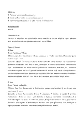Objetivos
1. Promover a compreensão dos valores.
2. Compreender a família enquanto núcleo de amor.
3. Incentivar a caridade através de ações pessoais no bem coletivo.
Tempo Previsto
4 aulas
Problematização
As crianças necessitam ser sensibilizadas para a convivência fraterna, solidária, e para ações de
amor ao próximo, em contrapartida ao egoísmo e agressividade.
Desenvolvimento
1ª Aula
Tema: Trabalhando Valores
Objetivo Específico: Classificar os valores, destacando as virtudes e os vícios. Demonstrar que o
mal nunca será o bem.
Conteúdos a Serem Desenvolvidos Através de Atividades: Os valores materiais e os valores morais
podem ser classificados como bons ou maus, dependendo de como os consideramos e aplicamos na
vida. Os bons valores nos trazem virtudes (honestidade, fraternidade, humildade, etc.) e os maus
valores estão ligados aos vícios (egoísmo, desonestidade, mentira, etc.). Muitas vezes praticamos o
mal e queremos que os outros acreditem que isso é uma coisa boa. Na verdade estamos defendendo
apenas nosso próprio interesse. Para Deus, o bem é sempre o bem e o mal é sempre o mal..
2ª Aula
Tema: Vivendo em Família
Objetivo Específico: Compreender a família como espaço social coletivo de convivência para
crescimento do amor.
Conteúdos a Serem Desenvolvidos Através de Atividades: A família é a reunião de espíritos
reencarnados – todos nós somos – para trabalhar os laços de convivência e solidariedade. É o
melhor local para o exercício do sentimento coletivo. Ninguém nasceu no lar errado, pois os laços
de família estão ligados às reencarnações. Vivemos com quem precisamos viver, tanto para a
reparação de erros do passado como para construção de uma vida melhor.
 