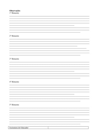 Observações
1° Bimestre
________________________________________________________________________________
________________________________________________________________________________
________________________________________________________________________________
________________________________________________________________________________
_________________________________________________________________
________________________________________________________________________________
________________________________________________________________________________
_______________________________________________________________________
2° Bimestre
________________________________________________________________________________
________________________________________________________________________________
________________________________________________________________________________
____________________________________________________________________
_____________________________________________________________________________
________________________________________________________________________________
________________________________________________________________________________
_______________________________________________________________________
3° Bimestre
________________________________________________________________________________
________________________________________________________________________________
________________________________________________________________________________
________________________________________________________________________________
_________________________________________________________________
________________________________________________________________________________
________________________________________________________________________________
_______________________________________________________________________
4° Bimestre
________________________________________________________________________________
________________________________________________________________________________
________________________________________________________________________________
________________________________________________________________________________
_________________________________________________________________
________________________________________________________________________________
________________________________________________________________________________
_______________________________________________________________________
5° Bimestre
________________________________________________________________________________
________________________________________________________________________________
________________________________________________________________________________
________________________________________________________________________________
_________________________________________________________________
________________________________________________________________________________
________________________________________________________________________________
_______________________________________________________________________
Assinatura do Educador
 