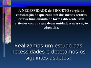 A NECESSIDADE do PROJETO surgiu da
constatação de que cada um dos nossos centros
estava funcionando de forma diferente, sem
critérios comuns que deêm unidade à nossa ação
educativa.

Realizamos um estudo das
necessidades e detetamos os
siguintes aspetos:

 