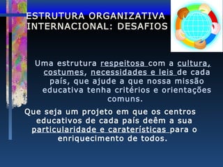 ESTRUTURA ORGANIZATIVA
INTERNACIONAL: DESAFIOS

Uma estrutura respeitosa com a cultura,
costumes, necessidades e leis de cada
país, que ajude a que nossa missão
educativa tenha critérios e orientações
comuns.
Que seja um projeto em que os centros
educativos de cada país deêm a sua
particularidade e caraterísticas para o
enriquecimento de todos.

 
