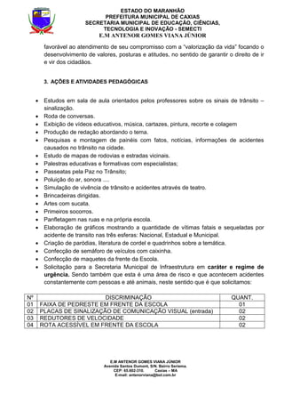 E.M ANTENOR GOMES VIANA JÚNIOR
Avenida Santos Dumont, S/N. Bairro Seriema.
CEP: 65.602-310. Caxias – MA
E-mail: antenorviana@bol.com.br
ESTADO DO MARANHÃO
PREFEITURA MUNICIPAL DE CAXIAS
SECRETARIA MUNICIPAL DE EDUCAÇÃO, CIÊNCIAS,
TECNOLOGIA E INOVAÇÃO - SEMECTI
E.M ANTENOR GOMES VIANA JÚNIOR
favorável ao atendimento de seu compromisso com a “valorização da vida” focando o
desenvolvimento de valores, posturas e atitudes, no sentido de garantir o direito de ir
e vir dos cidadãos.
3. AÇÕES E ATIVIDADES PEDAGÓGICAS
• Estudos em sala de aula orientados pelos professores sobre os sinais de trânsito –
sinalização.
• Roda de conversas.
• Exibição de vídeos educativos, música, cartazes, pintura, recorte e colagem
• Produção de redação abordando o tema.
• Pesquisas e montagem de painéis com fatos, notícias, informações de acidentes
causados no trânsito na cidade.
• Estudo de mapas de rodovias e estradas vicinais.
• Palestras educativas e formativas com especialistas;
• Passeatas pela Paz no Trânsito;
• Poluição do ar, sonora ....
• Simulação de vivência de trânsito e acidentes através de teatro.
• Brincadeiras dirigidas.
• Artes com sucata.
• Primeiros socorros.
• Panfletagem nas ruas e na própria escola.
• Elaboração de gráficos mostrando a quantidade de vítimas fatais e sequeladas por
acidente de transito nas três esferas: Nacional, Estadual e Municipal.
• Criação de paródias, literatura de cordel e quadrinhos sobre a temática.
• Confecção de semáforo de veículos com caixinha.
• Confecção de maquetes da frente da Escola.
• Solicitação para a Secretaria Municipal de Infraestrutura em caráter e regime de
urgência. Sendo também que esta é uma área de risco e que acontecem acidentes
constantemente com pessoas e até animais, neste sentido que é que solicitamos:
Nº DISCRIMINAÇÃO QUANT.
01 FAIXA DE PEDRESTE EM FRENTE DA ESCOLA 01
02 PLACAS DE SINALIZAÇÃO DE COMUNICAÇÃO VISUAL (entrada) 02
03 REDUTORES DE VELOCIDADE 02
04 ROTA ACESSÍVEL EM FRENTE DA ESCOLA 02
 
