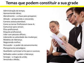Temas que podem constituir a sua grade
Administração do tempo;
Apresentando ideias;
Atendimento – a chave para prosperar;
Atitude – prosperando e crescendo;
Carreira autossustentável;
Como se tornar Profissional classe A;
Comunicar para vencer;
Ética profissional;
Etiqueta profissional;
Lidar com pessoas difíceis;
Liderando na velocidade das mudanças;
Modelos de liderança;
Negociando melhor;
Persuasão – o poder do convencimento;
Planejamento estratégico;
Qualidade a principal arma para o sucesso;
Reflexões sobre caráter e liderança;
Sinergia – a magia da união;
Vencendo o Medo;
 