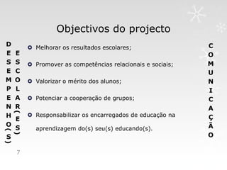 Objectivos do projecto
D        Melhorar os resultados escolares;                 C
E   E                                                       O
S   S    Promover as competências relacionais e sociais;   M
E   C                                                       U
M   O    Valorizar o mérito dos alunos;                    N
P   L                                                       I
E   A    Potenciar a cooperação de grupos;                 C
N   R                                                       A
    (




H        Responsabilizar os encarregados de educação na    Ç
    E
O                                                           Ã
    S     aprendizagem do(s) seu(s) educando(s).
(




                                                            O
    )




S
)




    7
 
