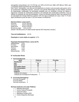 13
demográfico extraordinário ( de 113.770 hab. em 1970 a 214.613 em 1980 e 397.368 em 1997), sem
o necessário desenvolvimento das infra-estruturas.
Este boom demográfico, que deve-se principalmente ao êxodo rural provocado pela guerra civil e
as consecutivas catástrofes naturais, provocou uma grande deterioração da vida citadina; aumento
de desemprego; proliferação de actividades paralelas sem as condições mínimas de higiene e
segurança; aumento de construções precárias e má utilização das construções existentes o que se
reflecte na qualidade de vida das populações. A titulo de exemplo podemos referir que apenas 6,4%
da população tem energia eléctrica e apenas 3,5% tem água canalizada em casa ( mais 11,1% tem
água canalizada à porta de casa e 7,6% tem acesso a fontanários).
Estrutura Etária ( censo de 97 )
0/4 anos- 14,7% ( 58.703)
5/19 anos- 39,5% (156.004)
20/64 anos- 44,4% (176.451)
65 anos ou mais- 1,6% ( 6.210)
(Destes 156.000 jovens em idade escolar apenas 52% frequenta a escola.)
Taxa de Analfabetismo- 63,3%
População c/ curso médio ou superior- 0,7%
População Estudantil/ Níveis ( censo de 97)
Alfabetização- 0,2%
Primário- 84,9%
Secundário- 10,6&
Técnico- 3,1%
Superior- 0,5%
Desconhecido- 0,7%
N.º de Escolas/ Níveis
1- Currículo Nacional
Nível Públicas Privadas
Pré-Escolar ------------ 6
EP1 54 5
EP2 25 5
Secundário Geral 6 7
Pré- Universitário 1 7
Técnico 3 -----------
Superior 2 3
Institutos de Línguas - 1
Institutos de Formação de Professores - 1
2- Currículos Estrangeiros
Currículo Português- 1
Currículo Misto- 1
Currículo Americano- 3
Serviços Culturais e de Lazer Públicos
Þ 1 Biblioteca Municipal
Þ 1 Centro Cultural Português
Þ 1 Casa da Cultura
Þ 1 Mediateca do Banco BCI
Þ 1 Centro Desportivo Municipal
 