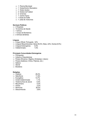 14
Þ 1 Piscina Municipal
Þ 1 Clube/Centro Recreativo
Þ 1 Clube náutico
Þ 3 Clubes de Futebol
Þ 2 Cinemas
Þ 1 Centro hípico
Þ 1 Clube de Golfe
Þ 1 pista de motocross
Serviços Públicos
Þ 2 Hospitais
Þ 10 Centros de Saúde
Þ 1 Clínica
Þ 1 Corpo de Bombeiros
Þ 2 clinicas dentárias
Línguas
Þ Língua Oficial- Português- 32%
Þ Línguas Moçambicanas ( Sena-35,5%; Ndau- 22%; Outras-8,5%)
Þ Línguas Estrangeiras- 0,5%
Þ Indeterminado- 1,5%
Principais Comunidades Estrangeiras
Þ Portuguesa
Þ Indiana e Paquistanesa
Þ Países Africanos ( Nigéria; Zimbabwe; Líbano)
Þ Países Asiáticos ( China, Filipinas, etc.)
Þ Italiana
Þ Alemã
Þ Brasileira
Religiões
Þ Católica 26,4%
Þ Sião/Zione 11,8%
Þ Evangélica 13,7%
Þ Cristã indeterminada 1,1%
Þ Testemunhas de Jeová 0,4%
Þ Muçulmana 4,3%
Þ Outras 2,2%
Þ Nenhuma 36,5%
Þ Desconhecida 3,6%
 