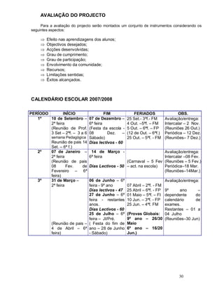 30
AVALIAÇÃO DO PROJECTO
Para a avaliação do projecto serão montados um conjunto de instrumentos considerando os
seguintes aspectos:
Þ Efeito nas aprendizagens dos alunos;
Þ Objectivos desejados;
Þ Acções desenvolvidas;
Þ Grau de cumprimento;
Þ Grau de participação;
Þ Envolvimento da comunidade;
Þ Recursos;
Þ Limitações sentidas;
Þ Êxitos alcançados.
CALENDÁRIO ESCOLAR 2007/2008
PERÍODO INÍCIO FIM FERIADOS OBS.
1º 10 de Setembro
2ª feira
(Reunião de Prof.
3 Set 2ªf. 3 a 6
semana Pedagógica
Reunião de pais 14
Set. 6ª f.)
07 de Dezembro
6ª feira
(Festa da escola -
08 Dez.
Sábado)
Dias lectivos - 60
25 Set.- 3ªf.- FM
4 Out. 5ªf. FM
5 Out. 6ªf. FP
(12 de Out. 6ªf.)
25 Out. 5ªf. - FM
Avaliação/entrega:
Intercalar 2 Nov.
(Reuniões 26 Out.)
Periódica 12 Dez.
(Reuniões 7 Dez.)
2º 07 de Janeiro
2ª feira
(Reunião de pais
08 Fev. de
Fevereiro 6ª
feira)
14 de Março -
6ª feira
Dias Lectivos - 50
(Carnaval 5 Fev
act. na escola)
Avaliação/entrega:
Intercalar 08 Fev.
(Reuniões 5 Fev.)
Periódica 18 Mar.
(Reuniões 14Mar.)
3º 31 de Março
2ª feira
(Reunião de pais
4 de Abril 6ª
feira)
06 de Junho 6ª
feira - 9º ano
Dias lectivos - 47
27 de Junho 6ª
feira - restantes
anos.
Dias Lectivos - 60
25 de Julho 6ª
feira JI/Pré.
( Festa do fim de
ano 28 de Junho
- Sábado)
07 Abril 2ªf. - FM
25 Abril 6ªf. - FP
01 Maio 5ªf. FI
10 Jun. 3ªf. - FP
25 Jun. 4ªf. FM
(Provas Globais:
9º ano 26/30
Maio
6º ano 16/20
Jun.)
Avaliação/entrega:
9º ano
dependente do
calendário de
exames.
Restantes 01 a
04 Julho
(Reuniões 30 Jun)
 
