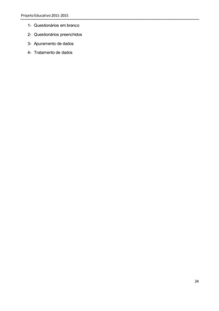 Projeto Educativo 2011-2015

   1- Questionários em branco

   2- Questionários preenchidos

   3- Apuramento de dados

   4- Tratamento de dados




                                  24
 