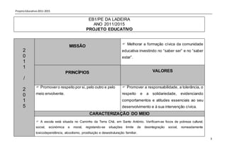 Projeto Educativo 2011-2015

                                                    EB1/PE DA LADEIRA
                                                      ANO 2011/2015
                                                   PROJETO EDUCATIVO


                                                                            Melhorar a formação cívica da comunidade
                                      MISSÃO
     2                                                                     educativa investindo no “saber ser” e no “saber
     0                                                                     estar”.
     1
     1
                                     PRINCÍPIOS                                                   VALORES
      /
                Promover o respeito por si, pelo outro e pelo              Promover a responsabilidade, a tolerância, o
     2
     0         meio envolvente.                                            respeito      e    a   solidariedade,       evidenciando
     1                                                                     comportamentos e atitudes essenciais ao seu
     5                                                                     desenvolvimento e à sua intervenção cívica.
                                                     CARACTERIZAÇÃO DO MEIO
                A escola está situada no Caminho da Terra Chã, em Santo António. Verificam-se focos de pobreza cultural,
               social,   económica    e   moral,   registando-se   situações   limite   de   desintegração   social,   nomeadamente
               toxicodependência, alcoolismo, prostituição e desestruturação familiar.
                                                                                                                                      3
 