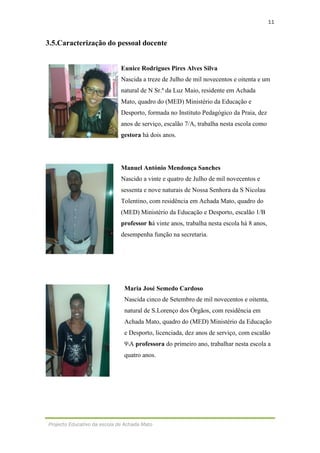 11
Projecto Educativo da escola de Achada Mato
3.5.Caracterização do pessoal docente
Eunice Rodrigues Pires Alves Silva
Nascida a treze de Julho de mil novecentos e oitenta e um
natural de N Sr.ª da Luz Maio, residente em Achada
Mato, quadro do (MED) Ministério da Educação e
Desporto, formada no Instituto Pedagógico da Praia, dez
anos de serviço, escalão 7/A, trabalha nesta escola como
gestora há dois anos.
Manuel António Mendonça Sanches
Nascido a vinte e quatro de Julho de mil novecentos e
sessenta e nove naturais de Nossa Senhora da S Nicolau
Tolentino, com residência em Achada Mato, quadro do
(MED) Ministério da Educação e Desporto, escalão 1/B
professor há vinte anos, trabalha nesta escola há 8 anos,
desempenha função na secretaria.
Maria José Semedo Cardoso
Nascida cinco de Setembro de mil novecentos e oitenta,
natural de S.Lorenço dos Órgãos, com residência em
Achada Mato, quadro do (MED) Ministério da Educação
e Desporto, licenciada, dez anos de serviço, com escalão
9A professora do primeiro ano, trabalhar nesta escola a
quatro anos.
 