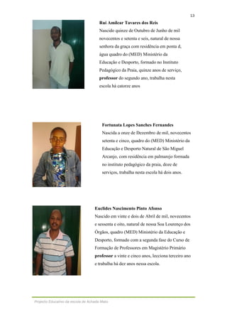 13
Projecto Educativo da escola de Achada Mato
Rui Amílcar Tavares dos Reis
Nascido quinze de Outubro de Junho de mil
novecentos e setenta e seis, natural de nossa
senhora da graça com residência em ponta d,
água quadro do (MED) Ministério da
Educação e Desporto, formado no Instituto
Pedagógico da Praia, quinze anos de serviço,
professor do segundo ano, trabalha nesta
escola há catorze anos
Fortunata Lopes Sanches Fernandes
Nascida a onze de Dezembro de mil, novecentos
setenta e cinco, quadro do (MED) Ministério da
Educação e Desporto Natural de São Miguel
Arcanjo, com residência em palmarejo formada
no instituto pedagógico da praia, doze de
serviços, trabalha nesta escola há dois anos.
Euclides Nascimento Pinto Afonso
Nascido em vinte e dois de Abril de mil, novecentos
e sessenta e oito, natural de nossa Soa Lourenço dos
Órgãos, quadro (MED) Ministério da Educação e
Desporto, formado com a segunda fase do Curso de
Formação de Professores em Magistério Primário
professor a vinte e cinco anos, lecciona terceiro ano
e trabalha há dez anos nessa escola.
 