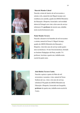 14
Projecto Educativo da escola de Achada Mato
Marcelo Mendes Cabral
Nascido a trinta de Janeiro de mil novecentos e
setenta e três, natural de são Miguel arcanjo com
residência em castelão, quadro do (MED) Ministério
da Educação e Desporto, licenciado e universidade
aberta de Portugal com vinte e dois anos de serviço
referencia 9/A professor do terceiro ano, trabalha
nesta escola há dezasseis anos.
Paula Mendes Tavares
Nascido a dezanove de Setembro de mil novecentos
e setenta, natural de Nossa S. Miguel Arcanjo,
quadro do (MED) Ministério da Educação e
Desporto, vinte dois anos de serviço sendo quatro
anos na docência e 18 ano fora da docência, formado
no Instituto Pedagógico da Praia, escalão 7/A
professor, lecciona o quarto ano, trabalha nesta
escola há quatro anos.
João Batista Tavares Cunha
Nascido a quinze e quatro de Maio de mil
novecentos e sessenta e vinte, natural de Nossa
Senhora da Luz, vinte e oito anos de serviço,
referência7/B quadro do (MED) Ministério da
Educação e Desporto, licenciado em Geografia,
professor do quarto ano, trabalha nesta escola há
4 anos.
 