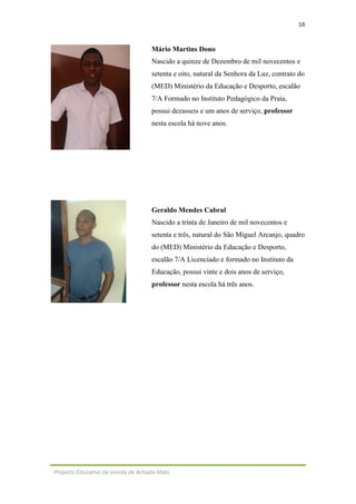 16
Projecto Educativo da escola de Achada Mato
Mário Martins Dono
Nascido a quinze de Dezembro de mil novecentos e
setenta e oito, natural da Senhora da Luz, contrato do
(MED) Ministério da Educação e Desporto, escalão
7/A Formado no Instituto Pedagógico da Praia,
possui dezasseis e um anos de serviço, professor
nesta escola há nove anos.
Geraldo Mendes Cabral
Nascido a trinta de Janeiro de mil novecentos e
setenta e três, natural do São Miguel Arcanjo, quadro
do (MED) Ministério da Educação e Desporto,
escalão 7/A Licenciado e formado no Instituto da
Educação, possui vinte e dois anos de serviço,
professor nesta escola há três anos.
 