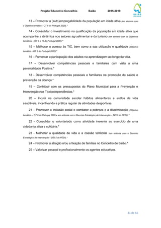 Projeto Educativo Concelhio Baião 2015-2019
31 de 56
13 – Promover a (auto)empregabilidade da população em idade ativa (em sintonia com
o Objetivo temático - OT 8 do Portugal 2020).*
14 - Consolidar o investimento na qualificação da população em idade ativa que
acompanhe a dinâmica nos setores agroalimentar e do turismo (em sintonia com os Objetivos
temáticos - OT 3 e 10 do Portugal 2020).*
15 – Melhorar o acesso às TIC, bem como a sua utilização e qualidade (Objetivo
temático - OT 2 do Portugal 2020).*
16 – Fomentar a participação dos adultos na aprendizagem ao longo da vida.
17 – Desenvolver competências pessoais e familiares com vista a uma
parentalidade Positiva.*
18 - Desenvolver competências pessoais e familiares na promoção da saúde e
prevenção da doença.*
19 – Contribuir com os pressupostos do Plano Municipal para a Prevenção e
Intervenção nas Toxicodependências.*
20 – Incutir na comunidade escolar hábitos alimentares e estilos de vida
saudáveis, incentivando a prática regular de atividades desportivas.
21 – Promover a inclusão social e combater a pobreza e a discriminação (Objetivo
temático – OT 9 do Portugal 2020 e em sintonia com o Domínio Estratégico de Intervenção – DEI 5 do PEDI).*
22 - Consolidar o voluntariado como atividade inerente ao exercício de uma
cidadania ativa e solidária.*
23 - Melhorar a qualidade de vida e a coesão territorial (em sintonia com o Domínio
Estratégico de Intervenção – DEI 5 do PEDI).*
24 – Promover a atração e/ou a fixação de famílias no Concelho de Baião.*
25 – Valorizar pessoal e profissionalmente os agentes educativos.
 