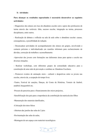 15
X- Atividades
Para alcançar os resultados supracitados é necessário desenvolver as seguintes
actividades:
- Diagnostico dos alunos em risco de abandono escolar com o apoio dos professores de
turma através das variáveis: falta, sucesso escolar, integração na turma, processos
disciplinares, entre outros.
- Realização de debates e reflexão na sala de aula sobre o abandono escolar: causas,
consequências, e possibilidade de redução.
- Desencadear actividades de acompanhamento dos alunos em grupos, envolvendo o
contacto próximo e individualizado em reuniões informais para esclarecimento de
dúvidas, correcção de trabalhos e aconselhamento.
-Aproveitar dos jovens com formações nas deferentes áreas para apoiar a escola nas
diversas situações.
- Realizar workshops, com diferentes grupos da comunidade educativa para a
constituição de uma rede de prevenção e combate ao Abandono Escolares.
- Promover eventos de animação sócio - cultural e desportivas entre os jovens nas
escolas, através da, a ocupação do tempo livre:
-Teatro, Festival de canções, Danças, de Conto de Histórias, Torneio de futebol,
andebol, basquetebol etc.
-Procura de parcerias para o financiamento dos micro projectos,
-Sensibilização dos pais para a importância da contribuição da matricula dos filhos
-Manutenção dos materiais danificados,
-Colocação dos tetos falsos
-Abertura das janelas das salas do 2 piso
-Pavimentação das salas de aulas,
-Montagem de um espaço com materiais tecnológicos
 