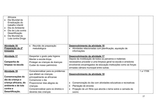 27
Africana
 Dia Mundial da
Erradicação do
trabalho infantil
 Dia do Ambiente
 Dia de Luta contra
Desertificação
 Dia Mundial da
Luta contra Droga
Atividade 16
Preparação do 2º
trimestre
 Reunião de preparação
metodológica
Desenvolvimento da atividade 16
 Atividades relacionadas com planificação, aquisição de
informações
Atividade 17
Campanha de
limpeza na escola
Despertar o gosto pela higiene
Manter a escola limpa
Proteger as crianças de doenças
Cuidar do nosso património
Desenvolvimento da atividade 17
Depois da mobilização de todos os parceiros e materiais
necessários proceder a uma limpeza geral na escola e arredores
envolvendo encarregados de educação instituições como as forças
armadas câmara municipal entre outras.
Atividade 18
Comemorações do
dia da criança e
criança africana, do
ambiente e de luta
contra a
Desertificação.
Consciencializar para os problemas
que afetam as crianças,
principalmente as africanas
Comemorar o dia
Proporcionar dias alegres às
crianças.
Consciencializar para os direitos e
deveres das crianças
Desenvolvimento da atividade 18
 Comemoração do dia com atividades educativas e recreativas
 Plantação de árvores
 Projeção de um filme que aborda o tema sobre a camada de
ozono
1 a 17/06
 