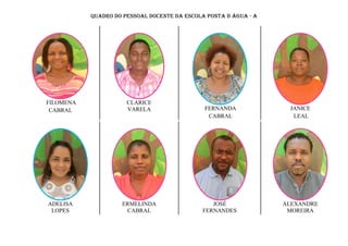 QUADRO Do pessoal docente da escola ponta d água - a
FILOMENA
CABRAL
CLARICE
VARELA FERNANDA
CABRAL
JANICE
LEAL
ADELISA
LOPES
ERMELINDA
CABRAL
JOSÉ
FERNANDES
ALEXANDRE
MOREIRA
 
