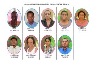 QUADRO Do pessoal docente da escola ponta d água - a
INÊS
RODRIGUES
ADILSON
GOMES
MARIA
ANDRADE
MARIA
TAVARES
NOZALINA
TAVARES
FERNANDO
MARTINS
JACQUELINE
RIBEIRO
CELESTINA
FREIRE
ARISTIDES
CABRAL
 