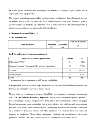 De referir que na escola funciona a catequese aos Sábados e Domingos, o que contribui para a
degradação desses equipamentos.
Não obstante as condições apresentadas, verificamos que a escola carece de melhoramento do piso
apropriado para a prática de exercício físico, designadamente, uma placa desportiva para o
desenvolvimento do programa de Expressão Física e outras actividades de carácter recreativo e
cultural, contempladas no currículo escolar do Ensino Básico.
1.3 Recursos Humanos (2014/2015)
1.3.1 Corpo Discente:
Total de alunos
Sexo Número de turmas
Feminino Masculino
30
425 460
1.3.2 Corpo Docente(professores com turmas)
Habilitação académica/profissional: Número %
2ª Fase de FEPROF 5 14,2%
Curso de Formação Professor do EB (Instituto Pedagógico) 25 77,3%
12º Ano 17 77,3%*
Sem Formação 1 4,5%
Total 30 100%
* A maior parte dos professores tem o 12º ano de escolaridade.
Como podemos verificar, 99 % do corpo docente que lecciona neste estabelecimento de ensino tem
formação específica para leccionar no Ensino Básico.
Mesmo assim, os professores enfrentaram dificuldades em responder às exigências das crianças
com NEE (Necessidades Educativas Especiais)– vários casos, limitando-se apenas a garantir –
lhes a socialização. A escola e os professores desses alunos têm solicitado apoio tanto da Delegação
Escolar bem como de outras instituições, mas tal apoio não tem sido suficiente, pois essas crianças
precisam e têm direito a um acompanhamento contínuo por pessoas com formação e experiência
nessa matéria. Há 2 casos de crianças com NEE, sendo um com Sindrome de down e outro com
autismo, por confirmar. Alguns alunos apresentam distúrbios de aprendizagem, outros com
problemas familiares como por exemplo os que o ICCA veio matricular aqui na escola.
 