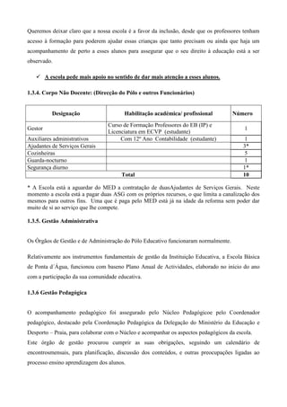 Queremos deixar claro que a nossa escola é a favor da inclusão, desde que os professores tenham
acesso à formação para poderem ajudar essas crianças que tanto precisam ou ainda que haja um
acompanhamento de perto a esses alunos para assegurar que o seu direito à educação está a ser
observado.
 A escola pede mais apoio no sentido de dar mais atenção a esses alunos.
1.3.4. Corpo Não Docente: (Direcção do Pólo e outros Funcionários)
Designação Habilitação académica/ profissional Número
Gestor
Curso de Formação Professores do EB (IP) e
Licenciatura em ECVP (estudante)
1
Auxiliares administrativos Com 12º Ano Contabilidade (estudante) 1
Ajudantes de Serviços Gerais 3*
Cozinheiras 5
Guarda-nocturno 1
Segurança diurno 1*
Total 10
* A Escola está a aguardar do MED a contratação de duasAjudantes de Serviços Gerais. Neste
momento a escola está a pagar duas ASG com os próprios recursos, o que limita a canalização dos
mesmos para outros fins. Uma que é paga pelo MED está já na idade da reforma sem poder dar
muito de si ao serviço que lhe compete.
1.3.5. Gestão Administrativa
Os Órgãos de Gestão e de Administração do Pólo Educativo funcionaram normalmente.
Relativamente aos instrumentos fundamentais de gestão da Instituição Educativa, a Escola Básica
de Ponta d´Água, funcionou com baseno Plano Anual de Actividades, elaborado no início do ano
com a participação da sua comunidade educativa.
1.3.6 Gestão Pedagógica
O acompanhamento pedagógico foi assegurado pelo Núcleo Pedagógicoe pelo Coordenador
pedagógico, destacado pela Coordenação Pedagógica da Delegação do Ministério da Educação e
Desporto – Praia, para colaborar com o Núcleo e acompanhar os aspectos pedagógicos da escola.
Este órgão de gestão procurou cumprir as suas obrigações, seguindo um calendário de
encontrosmensais, para planificação, discussão dos conteúdos, e outras preocupações ligadas ao
processo ensino aprendizagem dos alunos.
 