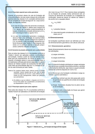 Cópia não autorizada
10                                                                                                        NBR 6122/1996


     6.2.2.5 Prescrição especial para solos granulares               não maior do que 10 m². Para maiores áreas carregadas
                                                                     ou na fixação da pressão média admissível sob um
     Quando se encontram abaixo da cota da fundação até              conjunto de elementos de fundação (ou a totalidade da
     uma profundidade de duas vezes a largura da construção          construção), devem-se reduzir os valores da Tabela 4,
     apenas solos das classes 4 a 9, a pressão admissível po-        de acordo com a equação abaixo:
     de ser corrigida em função da largura B do corpo da fun-
     dação, da seguinte maneira:                                         σadm = σ0 (10/S)½

         a) no caso de construções não sensíveis a recalques,        Onde:
            os valores da Tabela 4, válidos para a largura de
            2 m, devem ser corrigidos proporcionalmente à                σ0 = pressões básicas
            largura, limitando-se a pressão admissível a 2,5 σo
            para uma largura maior ou igual a 10 m;                      S = área total da parte considerada ou da construção
                                                                            inteira, em m²
         b) no caso de construções sensíveis a recalques,
           deve-se fazer uma verificação do eventual efeito          6.3 Dimensionamento
           desses recalques, quando a largura for superior a
           2 m, ou manter o valor da pressão admissível con-         As fundações superficiais devem ser definidas por meio
           forme fornecido pela Tabela 4. Para larguras infe-        de dimensionamento geométrico e de cálculo estrutural.
           riores a 2 m continua valendo a redução propor-
           cional, conforme indicado na Figura 1.                    6.3.1 Dimensionamento geométrico


     6.2.2.6 Aumento da pressão admissível com a profundidade        Neste dimensionamento devem-se considerar as seguin-
                                                                     tes solicitações:
     Para os solos das classes 4 a 9, as pressões conforme a
     Tabela 4 devem ser aplicadas quando a profundidade                  a) cargas centradas;
     da fundação, medida a partir do topo da camada esco-
                                                                         b) cargas excêntricas;
     lhida para seu assentamento, for menor ou igual a 1 m.
     Quando a fundação estiver a uma profundidade maior e
                                                                         c) cargas horizontais.
     for totalmente confinada pelo terreno adjacente, os valores
     básicos da Tabela 4 podem ser acrescidos de 40% para            6.3.1.1 A área de fundação solicitada por cargas centradas
     cada metro de profundidade além de 1 m, limitado ao do-         deve ser tal que a pressão transmitida ao terreno, admitida
     bro do valor fornecido por esta Tabela.                         uniformemente distribuída, seja menor ou igual à pressão
                                                                     admissível conforme disposto em 3.25 e 6.2.
     Notas:a) Em qualquer destes casos, pode-se somar à pressão
              calculada, mesmo àquela que já tiver sido corrigida
                                                                     6.3.1.2 Diz-se que uma fundação é solicitada à carga ex-
              conforme disposto em 6.2.2.6, o peso efetivo das ca-
              madas de solo sobrejacentes, desde que garantida       cêntrica quando submetida a:
              sua permanência.
                                                                         a) uma força vertical cujo eixo não passa pelo centro
           b) Os efeitos a que se referem o disposto em 6.2.2.5 e           de gravidade da superfície de contato da fundação
             6.2.2.6 não podem ser considerados cumulativamente             com o solo;
             se ultrapassarem o valor 2,5 σ0.
                                                                         b) forças horizontais situadas fora do plano da ba-
     6.2.2.7 Prescrição especial para solos argilosos                       se da fundação;

     Para solos das classes 10 a 15, as pressões conforme a              c) qualquer outra composição de forças que gerem
     Tabela 4 devem ser aplicadas a um elemento de fundação                 momentos na fundação.




                                    Figura 1 - Valores de σadm em função da largura B da sapata
 