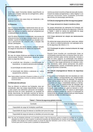 Cópia não autorizada
6                                                                                                                NBR 6122/1996


    5.1.2 Caso sejam fornecidas tabelas especificando as                 mentos que atuam durante as fases de execução da obra.
    ações que compõem cada tipo de carregamento, aplica-                 Incluem-se nestes carregamentos o “atrito negativo” e os
    se o disposto em 5.6.                                                esforços horizontais sobre fundações profundas
                                                                         decorrentes de sobrecargas assimétricas.
    5.1.3 Em qualquer dos casos deve ser obedecido o dis-
    posto em 5.2, 5.3 e 5.4.                                             5.5 Cálculo empregando-se fator de segurança global

    5.2 Empuxos                                                          5.5.1 Carga admissível em relação à resistência última

    5.2.1 O empuxo hidrostático desfavorável deve ser con-               As cargas admissíveis em elementos de fundação são
    siderado integralmente, enquanto que o empuxo de terra               obtidas pela aplicação de fatores de segurança, conforme
    (ativo, em repouso ou passivo) deve ser compatível com               a Tabela 1, sobre os valores de capacidade de carga
    a deslocabilidade da estrutura.                                      obtidos por cálculo ou experimentalmente.

    5.2.2 Os efeitos favoráveis à estabilidade, decorrentes de           5.5.2 Carga admissível em relação aos deslocamentos
    empuxos de terra ou de água, somente devem ser consi-                máximos
    derados quando for possível garantir sua atuação contí-
    nua e permanente em conjunto com a atuação das                       Os valores das cargas admissíveis são, neste caso, obtidos
    demais solicitações.                                                 por cálculo ou experimentalmente, com aplicação de fa-
                                                                         tor de segurança não inferior a 1,5.
    5.2.3 Fica vetada, em obras urbanas, qualquer redução
    de cargas em decorrência de efeitos de subpressão.                   5.5.3 Combinação de ações e eventual acréscimo de carga
                                                                         admissível
    5.3 Cargas dinâmicas
                                                                         Quando forem levadas em consideração todas as
    No caso de cargas dinâmicas periódicas ou de impacto                 combinações possíveis entre os diversos tipos de carre-
    (denominadas também transientes), devem-se consi-                    gamento previstos pelas normas estruturais, inclusive a
    derar os seguintes efeitos:                                          ação do vento, pode-se, na combinação mais desfavo-
                                                                         rável, majorar em 30% os valores admissíveis das tensões
         a) amplitude das vibrações e possibilidades de                  no terreno e das cargas admissíveis em estacas e tubu-
           ressonância no sistema estrutura-solo-fundação;               lões. Entretanto, estes valores admissíveis não podem
                                                                         ser ultrapassados, quando consideradas apenas as car-
         b) acomodação de solos arenosos;                                gas permanentes e acidentais.

         c) transmissão dos efeitos a estruturas ou outros               5.6 Cálculo empregando-se fatores de segurança
            equipamentos próximos.                                       parciais

    Nota: Nesta análise é permitido considerar os efeitos do uso de      A segurança nas fundações deve ser estudada por meio
          isoladores destinados a diminuir ou eliminar os efeitos re-    de duas análises correspondentes aos estados-limites
          tromencionados.                                                últimos e aos estados-limites de utilização. Os estados-
                                                                         limites últimos podem ser vários (por exemplo: perda de
    5.4 Obtenção dos esforços                                            capacidade de carga e instabilidade elástica ou flamba-
                                                                         gem), assim como os estados-limites de utilização defi-
    Para se obterem os esforços nas fundações, deve ser                  nidos na NBR 8681. Entretanto, em obras correntes de
    considerado, além das cargas especificadas no projeto,               fundação, estas análises em geral se reduzem à verifi-
    o peso próprio dos elementos estruturais de fundação.                cação do estado-limite último de ruptura ou deformação
    Devem-se levar em conta, igualmente, as variações de                 plástica excessiva (análise de ruptura) e à verificação do
    tensão decorrentes da execução eventual de aterros,                  estado-limite de utilização caracterizado por deformações
    reaterros e escavações, bem como os diferentes carrega-              excessivas (análise de deformações).


                                           Tabela 1 - Fatores de segurança globais mínimos

                                            Condição                                                   Fator de segurança

            Capacidade de carga de fundações superficiais                                                        3,0

            Capacidade de carga de estacas ou tubulões sem prova de carga                                        2,0

            Capacidade de carga de estacas ou tubulões com prova de carga                                        1,6

    Nota: No caso de fundações profundas, só é permitido reduzir o fator de segurança quando se dispõe do resultado de um número
          adequado de provas de carga e quando os elementos ensaiados são representativos do conjunto da fundação, ou a critério do
          projetista. Esta redução só é possível quando as provas de carga são realizadas a priori na obra, e não a posteriori, como ins-
          trumento para dirimir dúvidas quanto à qualidade do estaqueamento.
 