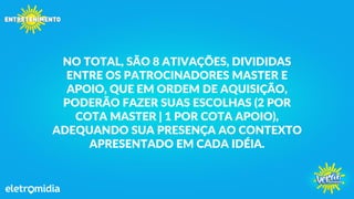 NO TOTAL, SÃO 8 ATIVAÇÕES, DIVIDIDAS
ENTRE OS PATROCINADORES MASTER E
APOIO, QUE EM ORDEM DE AQUISIÇÃO,
PODERÃO FAZER SUAS ESCOLHAS (2 POR
COTA MASTER | 1 POR COTA APOIO),
ADEQUANDO SUA PRESENÇA AO CONTEXTO
APRESENTADO EM CADA IDÉIA.
 