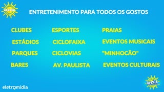ENTRETENIMENTO PARA TODOS OS GOSTOS
PARQUES
ESTÁDIOS
CLUBES
CICLOVIAS
CICLOFAIXA
ESPORTES
EVENTOS MUSICAIS
PRAIAS
BARES
"MINHOCÃO"
AV. PAULISTA EVENTOS CULTURAIS
 