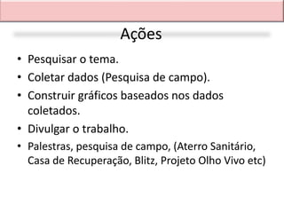 Ações
• Pesquisar o tema.
• Coletar dados (Pesquisa de campo).
• Construir gráficos baseados nos dados
  coletados.
• Divulgar o trabalho.
• Palestras, pesquisa de campo, (Aterro Sanitário,
  Casa de Recuperação, Blitz, Projeto Olho Vivo etc)
 