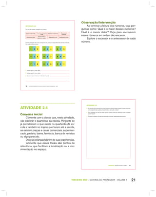 21TERCEIRO anO – MATERIAL DO PROFESSOR – VOLUME 1
EDUCAÇÃO MATEMÁTICA NOS ANOS INICIAIS DO ENSINO FUNDAMENTAL – EMAI16
atiVidadE 2.3
Por meio de cartelas, componha os números:
Cento e vinte e três
Duzentos e cinquenta
e sete
Trezentos e dezenove
Seiscentos e
cinquenta
Oitocentos e dois
Quatrocentos e
quarenta e quatro
Setecentos e oito Novecentos e onze
Usando cartelas de três cores e sobrepondo-as, um aluno compôs diferentes escritas numéricas.
Leia cada um dos números.
1 3 2 4 4 4 6 7 5
3 2 5 8 6 7 9 9 9
7 1 8 5 5 6 2 8 1
A. Indique qual é o maior deles.
B. Indique qual é o menor deles.
C. Escreva esses números em ordem decrescente.
Observação/Intervenção
Ao terminar a leitura dos números, faça per-
guntas como: Qual é o maior desses números?
Qual é o menor deles? Peça para escreverem
esses números em ordem decrescente.
Explore o sucessor e o antecessor de cada
número.
AtIVIdAdE 2.4
Conversa inicial
Comente com a classe que, nesta atividade,
vão explorar o quarteirão da escola. Pergunte se
já perceberam o que existe no quarteirão da es-
cola e também no trajeto que fazem até a escola,
se existem praças e casas comerciais, supermer-
cado, padaria, bares, farmácia, banca de revistas
ou algo parecido.
Deixe as crianças falarem de suas experiências.
Comente que esses locais são pontos de
referência, que facilitam a localização ou a mo-
vimentação no espaço.
TERCEIRO anO – MATERIAL DO ALUNO – VOLUME 1 17
atiVidadE 2.4
A. No caminho que você percorre de sua casa até a escola, existem praças e casas comerciais,
como supermercado, padaria, bares, farmácia, banca de revistas?
B. E no quarteirão em que fica nossa escola? Existem pontos de referência como os citados
acima? Quais?
C. Produza um esboço de mapa do quarteirão da escola, destacando esses pontos.
 