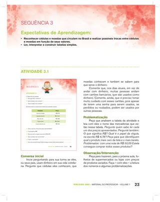 23TERCEIRO anO – MATERIAL DO PROFESSOR – VOLUME 1
SEquêNCIa 3
Expectativas de Aprendizagem:
• Reconhecer cédulas e moedas que circulam no Brasil e realizar possíveis trocas entre cédulas
e moedas em função de seus valores.
• Ler, interpretar e construir tabelas simples.
AtIVIdAdE 3.1
19TERCEIRO anO – MATERIAL DO ALUNO – VOLUME 1
atiVidadE 3.1
1. Responda às questões:
A. Para que serve o dinheiro?
B. Quais cédulas você conhece?
C. Quais moedas você conhece?
2. Estela anotou os preços dos produtos que pretende comprar.
Produtos Preço
1 pacote de feijão R$ 6,78
1 pacote de arroz R$ 12,45
Suco de uva R$ 7,88
1 kg de carne R$ 22,84
1 lata de leite em pó R$ 7,99
A. Como você faz a leitura dos preços apresentados?
B. O que significa R$?
C. Para que serve a vírgula na escrita de R$ 6,78?
D. Qual o produto mais caro da lista?
E. E qual o mais barato?
F. Com uma nota de 50 reais, Estela consegue comprar todos esses produtos?
SEQuÊNCIa 3
Conversa inicial
Inicie perguntando para sua turma se eles,
ou seus pais, usam dinheiro em sua vida cotidia-
na. Pergunte que cédulas eles conhecem, que
moedas conhecem e também se sabem para
que serve o dinheiro.
Comente que, nos dias atuais, em vez de
andar com dinheiro, muitas pessoas andam
com cartões bancários, que são usados como
dinheiro. Comente, ainda, que é preciso tomar
muito cuidado com esses cartões, pois apesar
de terem uma senha para serem usados, se
perdidos ou roubados, podem ser usados por
outras pessoas.
Problematização
Peça que analisem a tabela da atividade e
leia com eles o nome das mercadorias que es-
tão nessa tabela. Pergunte quem sabe ler cada
um dos preços apresentados. Pergunte também:
O que significa R$? Qual é o papel da vírgula,
na escrita R$ 6,78? Peça para que identifiquem
qual o produto mais caro da lista e o mais barato.
Problematize: com uma nota de R$ 50,00 Estela
consegue comprar todos esses produtos?
Observação/Intervenção
Peça para trazerem, para a próxima aula, fo-
lhetos de supermercados ou lojas com preços
de produtos variados. Faça – com eles – a leitura
dos números e algumas problematizações.
 