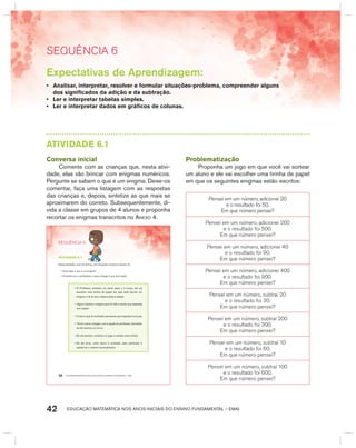 EDUCAÇÃO MATEMÁTICA NOS ANOS INICIAIS DO ENSINO FUNDAMENTAL – EMAI42
AtIVIdAdE 6.1
Conversa inicial
Comente com as crianças que, nesta ativi-
dade, elas vão brincar com enigmas numéricos.
Pergunte se sabem o que é um enigma. Deixe-os
comentar, faça uma listagem com as respostas
das crianças e, depois, sintetize as que mais se
aproximarem do correto. Subsequentemente, di-
vida a classe em grupos de 4 alunos e proponha
recortar os enigmas transcritos no Anexo 4.
EDUCAÇÃO MATEMÁTICA NOS ANOS INICIAIS DO ENSINO FUNDAMENTAL – EMAI36
SEQuÊNCIa 6
atiVidadE 6.1
Nesta atividade, você vai brincar com enigmas numéricos (anexo 4):
• Você sabe o que é um enigma?
• Comente com a professora e seus colegas o que você sabe.
• O Professor sorteará um aluno para ir à lousa, ele vai
escolher uma tirinha de papel em que está escrito um
enigma e irá ler seu enigma para a classe.
• Agora resolva o enigma que foi lido e anote sua resposta
num papel.
• O aluno que foi sorteado escreverá sua resposta na lousa.
• Você e seus colegas, com a ajuda do professor, decidirão
se ele acertou ou errou.
• Se ele acertar, continua no jogo e sorteia outra tirinha.
• Se ele errar, outro aluno é sorteado para participar e
repete-se o mesmo procedimento.
Problematização
Proponha um jogo em que você vai sortear
um aluno e ele vai escolher uma tirinha de papel
em que os seguintes enigmas estão escritos:
Pensei em um número, adicionei 20
e o resultado foi 50.
Em que número pensei?
Pensei em um número, adicionei 200
e o resultado foi 500.
Em que número pensei?
Pensei em um número, adicionei 40
e o resultado foi 90.
Em que número pensei?
Pensei em um número, adicionei 400
e o resultado foi 900.
Em que número pensei?
Pensei em um número, subtraí 20
e o resultado foi 30.
Em que número pensei?
Pensei em um número, subtraí 200
e o resultado foi 300.
Em que número pensei?
Pensei em um número, subtraí 10
e o resultado foi 60.
Em que número pensei?
Pensei em um número, subtraí 100
e o resultado foi 600.
Em que número pensei?
SEquêNCIa 6
Expectativas de Aprendizagem:
• Analisar, interpretar, resolver e formular situações-problema, compreender alguns
dos significados da adição e da subtração.
• Ler e interpretar tabelas simples.
• Ler e interpretar dados em gráficos de colunas.
 