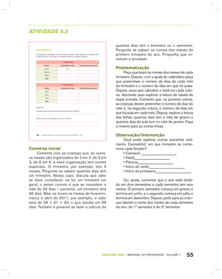 55TERCEIRO anO – MATERIAL DO PROFESSOR – VOLUME 1
AtIVIdAdE 8.3
EDUCAÇÃO MATEMÁTICA NOS ANOS INICIAIS DO ENSINO FUNDAMENTAL – EMAI48
atiVidadE 8.3
Para planejar as atividades com seus alunos, professora Sílvia organizou uma planilha com
trimestres do ano. Com o apoio do calendário deste ano, complete a planilha.
1º triMEStrE
Meses Quantidade de dias Previsão de dias de aula
Janeiro 31 —
Fevereiro
Março
Total
2º triMEStrE
Meses Quantidade de dias Previsão de dias de aula
Abril
Maio
Junho
Total
Responda:
Quantos dias de aulas estão previstos para o primeiro semestre?
Quais os meses que compõem o primeiro semestre?
Conversa inicial
Comente com as crianças que, às vezes,
os meses são organizados de 2 em 2, de 3 em
3, de 6 em 6, e essa organização tem nomes
especiais. O trimestre, por exemplo, tem 3
meses. Pergunte se sabem quantos dias tem
um trimestre. Nesse caso, discuta que valor
se deve considerar: se for um trimestre em
geral, o senso comum é que se considere o
mês de 30 dias – portanto, um trimestre terá
90 dias. Mas, se forem os meses de fevereiro,
março e abril de 2011, por exemplo, o valor
será de 28 + 31 + 30, o que resulta em 89
dias. Também é possível se fazer o cálculo de
quantos dias tem o bimestre ou o semestre.
Pergunte se sabem os nomes dos meses do
primeiro trimestre do ano. Proponha que re-
solvam a atividade.
Problematização
Peça que leiam os nomes dos meses de cada
trimestre. Depois, com a ajuda do calendário peça
que preencham o número de dias de cada mês
do trimestre e o número de dias em que há aulas.
Depois, peça que calculem o total em cada colu-
na. Aproveite para explorar a leitura da tabela de
dupla entrada. Comente que, na primeira coluna,
as crianças devem preencher o número de dias do
mês e, na segunda coluna, o número de dias em
que há aula em cada mês. Depois, explore a leitura
das linhas: quantos dias tem o mês de janeiro e
quantos dias de aula tem no mês de janeiro. Faça
o mesmo para as outras linhas.
Observação/Intervenção
Você pode explorar outras questões oral-
mente. Exemplo(s): em que trimestre se come-
mora cada feriado?
• Carnaval ___________________
• Natal___________________
• Páscoa___________________
• Início do verão___________________
• Início da primavera___________________
Ou, ainda, comentar que o ano está dividi-
do em dois semestres e cada semestre tem seis
meses. O primeiro semestre começa em janeiro e
termina em junho, e o segundo começa em julho e
termina em dezembro. Depois, pedir para as crian-
ças falarem o nome dos meses de cada semestre
do ano: do 1º semestre e do 2º semestre.
 