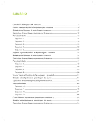 SuMáRio
Os materiais do Projeto EMAI e seu uso....................................................................................................7
Primeira Trajetória hipotética de Aprendizagem – Unidade 1...............................................................9
Reflexão sobre hipóteses de aprendizagem dos alunos.........................................................................9
Expectativas de aprendizagem que se pretende alcançar................................................................... 12
Plano de atividades ....................................................................................................................................... 13
Sequência 1.............................................................................................................................................. 14
Sequência 2.............................................................................................................................................. 19
Sequência 3.............................................................................................................................................. 23
Sequência 4.............................................................................................................................................. 28
Sequência 5.............................................................................................................................................. 33
Segunda Trajetória hipotética de Aprendizagem – Unidade 2 .......................................................... 37
Reflexão sobre hipóteses de aprendizagem dos alunos...................................................................... 37
Expectativas de aprendizagem que se pretende alcançar................................................................... 39
Plano de atividades ....................................................................................................................................... 41
Sequência 6.............................................................................................................................................. 42
Sequência 7.............................................................................................................................................. 48
Sequência 8.............................................................................................................................................. 53
Sequência 9.............................................................................................................................................. 58
Terceira Trajetória hipotética de Aprendizagem – Unidade 3............................................................. 64
Reflexões sobre hipóteses de aprendizagem dos alunos.................................................................... 64
Expectativas de aprendizagem que se pretende alcançar................................................................... 67
Plano de atividades ....................................................................................................................................... 69
Sequência 10............................................................................................................................................ 70
Sequência 11 ............................................................................................................................................ 76
Sequência 12............................................................................................................................................ 81
Sequência 13............................................................................................................................................ 86
Quarta Trajetória hipotética de Aprendizagem – Unidade 4 .............................................................. 92
Reflexões sobre hipóteses de aprendizagem dos alunos.................................................................... 92
Expectativas de aprendizagem que se pretende alcançar................................................................... 94
 