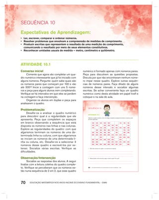 EDUCAÇÃO MATEMÁTICA NOS ANOS INICIAIS DO ENSINO FUNDAMENTAL – EMAI70
SEquêNCIa 10
Expectativas de Aprendizagem:
• Ler, escrever, comparar e ordenar números.
• Resolver problemas que envolvam a compreensão de medidas de comprimento.
• Produzir escritas que representem o resultado de uma medição de comprimento,
comunicando o resultado por meio de seus elementos constitutivos.
• Reconhecer unidades usuais de medida – metro, centímetro e quilômetro.
AtIVIdAdE 10.1
Conversa inicial
Comente que agora vão completar um qua-
dro numérico interessante que já foi iniciado com
alguns números. Pergunte: quem sabe quais são
os números pares que começam por 100 e vão
até 300? Inicie a contagem com uns 5 núme-
ros e peça para alguns alunos irem completando.
Verifique se há intervalos em que eles se perdem
na contagem e faça intervenção.
Organize os alunos em duplas e peça para
analisarem o quadro.
Problematização
Desafie-os a analisar o quadro numérico
para descobrir qual é a regularidade que ele
apresenta. Peça que completem os espaços
em branco observando a sequência que está
disposta os números nas linhas e nas colunas.
Explore as regularidades do quadro: com que
algarismos terminam os números de uma de-
terminada linha ou coluna; com que algarismos
se iniciam os números de uma determinada li-
nha ou coluna, etc. Desafie-os a selecionar 3
números desse quadro e escrevê-los por ex-
tenso. Socialize várias escritas. Verifique as
dificuldades.
Observação/Intervenção
Socialize as respostas dos alunos. A seguir
finalize com a leitura coletiva do quadro comple-
to. Verifique se perceberam que os números es-
tão numa sequência de 2 em 2, que esse quadro
numérico é formado apenas com números pares.
Peça para discutirem as questões propostas.
Discuta por que não encontraram nenhum núme-
ro ímpar nesse quadro. Explore outras sequên-
cias de números pares. Faça ditado de alguns
números desse intervalo e socialize algumas
escritas. Se achar conveniente faça um quadro
numérico como desta atividade em papel kraft e
coloque-o na sala de aula.
EDUCAÇÃO MATEMÁTICA NOS ANOS INICIAIS DO ENSINO FUNDAMENTAL – EMAI60
SEQuÊNCIa 10
atiVidadE 10.1
Observe o quadro numérico. Com um colega, complete os espaços em branco e escreva como
ele está organizado.
100 102 104 106 108 114 116 118
120 122 126 128 130 132 138
140 144 146 150 152 154 156 158
162 164 166 168 170 172 176 178
180 182 184 186 188 192 196 198
200 202 204 206 208 210 212 214 216
224 230 234 236 238
240 242 244 246 248 250 254
260 262 268 270 272 274 276 278
280 282 284 286 288 290 292 294 298
A. Olhe três números do quadro e os escreva por extenso:
B. Nesse quadro você encontrou algum número ímpar? Por quê?
 