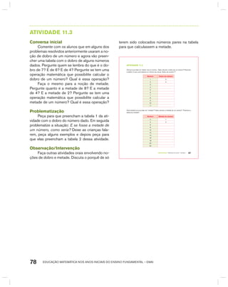 EDUCAÇÃO MATEMÁTICA NOS ANOS INICIAIS DO ENSINO FUNDAMENTAL – EMAI78
AtIVIdAdE 11.3
Conversa inicial
Comente com os alunos que em alguns dos
problemas resolvidos anteriormente usaram a no-
ção de dobro de um número e agora vão preen-
cher uma tabela com o dobro de alguns números
dados. Pergunte quem se lembra do que é o do-
bro de 7? E de 6? E de 4? Pergunte se tem uma
operação matemática que possibilite calcular o
dobro de um número? Qual é essa operação?
Faça o mesmo para a noção de metade.
Pergunte quanto é a metade de 8? E a metade
de 4? E a metade de 2? Pergunte se tem uma
operação matemática que possibilite calcular a
metade de um número? Qual é essa operação?
Problematização
Peça para que preencham a tabela 1 da ati-
vidade com o dobro do número dado. Em seguida
problematize a situação: E se fosse a metade de
um número, como seria? Deixe as crianças fala-
rem, peça alguns exemplos e depois peça para
que elas preencham a tabela 2 dessa atividade.
Observação/Intervenção
Faça outras atividades orais envolvendo no-
ções de dobro e metade. Discuta o porquê de só
terem sido colocados números pares na tabela
para que calculassem a metade.
TERCEIRO anO – MATERIAL DO ALUNO – VOLUME 1 67
atiVidadE 11.3
Você já ouviu falar em “dobro” de um número. Sabe calcular o dobro de um número? Preencha
a tabela. O que você observa no número da coluna “dobro do número”?
número dobro do número
1 2
2 4
3
4
5
6
7
8
9
10
11
Você também já ouviu falar em “metade”? Sabe calcular a metade de um número? Preencha a
tabela da metade?
número Metade do número
2 1
4 2
6
8
10
12
14
16
18
20
22
 