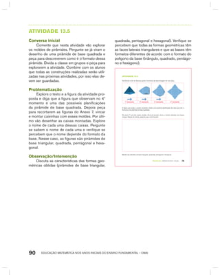 EDUCAÇÃO MATEMÁTICA NOS ANOS INICIAIS DO ENSINO FUNDAMENTAL – EMAI90
AtIVIdAdE 13.5
Conversa inicial
Comente que nesta atividade vão explorar
os moldes de pirâmides. Pergunte se já viram o
desenho de uma pirâmide de base quadrada e
peça para descreverem como é o formato dessa
pirâmide. Divida a classe em grupos e peça para
explorarem a atividade. Combine com os alunos
que todas as construções realizadas serão utili-
zadas nas próximas atividades, por isso elas de-
vem ser guardadas.
Problematização
Explore o texto e a figura da atividade pro-
posta e diga que a figura que observam no 4º
momento é uma das possíveis planificações
da pirâmide de base quadrada. Depois peça
para recortarem as figuras do Anexo 7, vincar
e montar caixinhas com esses moldes. Por últi-
mo vão desenhar as caixas montadas. Explore
o nome de cada uma dessas caixas. Pergunte
se sabem o nome de cada uma e verifique se
percebem que o nome depende do formato da
base. Nesse caso, as figuras são pirâmides de
base triangular, quadrada, pentagonal e hexa-
gonal.
Observação/Intervenção
Discuta as características das formas geo-
métricas obtidas (pirâmides de base triangular,
quadrada, pentagonal e hexagonal). Verifique se
percebem que todas as formas geométricas têm
as faces laterais triangulares e que as bases têm
formatos diferentes de acordo com o formato do
polígono da base (triângulo, quadrado, pentágo-
no e hexágono).
TERCEIRO anO – MATERIAL DO ALUNO – VOLUME 1 79
atiVidadE 13.5
Novamente você vai observar quatro momentos da desmontagem de uma caixa.
1º momento 2º momento 3º momento 4º momento
A figura que ilustra o quarto momento mostra uma possível planificação da caixa que tem a
forma de uma pirâmide de base quadrada.
No anexo 7 você tem quatro moldes. Você vai recortar, vincar e montar caixinhas com esses
moldes. Depois de montar, desenhe aqui como ficaram:
Moldes de pirâmides de base triangular, quadrada, pentagonal e hexagonal.
 