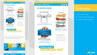 Rea.vação	
  
Email	
  
①  Novas	
  forma	
  de	
  rea.var.	
  
②  Criar	
  emails	
  atra.vos	
  para	
  rea.vação.	
  
③  Mostrar	
  os	
  produtos	
  mais	
  bacanas.	
  
 