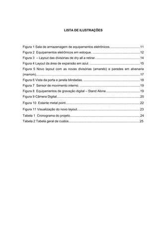 LISTA DE ILUSTRAÇÕES
Figura 1 Sala de armazenagem de equipamentos eletrônicos..................................11
Figura 2 Equipamentos eletrônicos em estoque. .....................................................12
Figura 3 – Layout das divisórias de dry all a retirar..................................................14
Figura 4 Layout da área de expansão em azul. ........................................................15
Figura 5 Novo layout com as novas divisórias (amarelo) e paredes em alvenaria
(marrom)....................................................................................................................17
Figura 6 Vista da porta e janela blindadas. ...............................................................18
Figura 7 Sensor de movimento interno. ...................................................................19
Figura 8 Equipamentos de gravação digital – Stand Alone......................................19
Figura 9 Câmera Digital..............................................................................................20
Figura 10 Estante metal point....................................................................................22
Figura 11 Visualização do novo layout.......................................................................23
Tabela 1 Cronograma do projeto...............................................................................24
Tabela 2 Tabela geral de custos................................................................................25
 