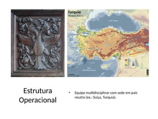 Estrutura
Operacional
• Equipe multidisciplinar com sede em país
neutro (ex.: Suíça, Turquia).
 