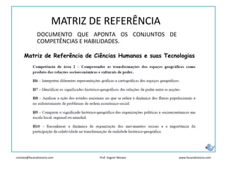 contato@focanahistoria.com www.focanahistoria.comProf. Vagner Moraes
DOCUMENTO QUE APONTA OS CONJUNTOS DE
COMPETÊNCIAS E HABILIDADES.
MATRIZ DE REFERÊNCIA
Matriz de Referência de Ciências Humanas e suas Tecnologias
 