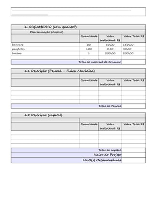 __________________________________________________________________________________________________________________________ 
__________________________________ 
6. ORÇAMENTO (com quanto?) 
Descriminação (Custeio) 
Quantidade Valor 
Individual R$ 
Valor Total R$ 
banners 03 50,00 150,00 
panfletos 100 0,50 50,00 
ônibus 1 200,00 200,00 
Total de material de Consumo 
6.1 Descrição (Pessoal – Fisica /Juridica) 
Quantidade Valor 
Individual R$ 
Valor Total R$ 
Total de Pessoal 
6.2 Descriçao (capital) 
Quantidade Valor 
Individual R$ 
Valor Total R$ 
Total de capital 
Valor do Projeto 
Fonte(s) Orçamentárias 
 