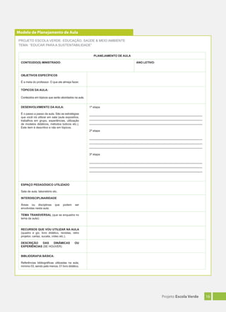 16Projeto Escola Verde
PROJETO ESCOLA VERDE: EDUCAÇÃO, SAÚDE & MEIO AMBIENTE
TEMA: “EDUCAR PARA A SUSTENTABILIDADE”
PLANEJAMENTO DE AULA
CONTEÚDO(S) MINISTRADO: ANO LETIVO:
OBJETIVOS ESPECÍFICOS
É a meta do professor. O que ele almeja fazer.
TÓPICOS DA AULA:
Conteúdos em tópicos que serão abordados na aula.
DESENVOLVIMENTO DA AULA:
É o passo a passo da aula. São as estratégias
que você irá utilizar em sala (aula expositiva,
trabalhos em grupo, experiências, utilização
de modelos didáticos, métodos lúdicos etc.).
Este item é descritivo e não em tópicos.
1ª etapa
_______________________________________________________________________
_______________________________________________________________________
_______________________________________________________________________
2ª etapa
_______________________________________________________________________
_______________________________________________________________________
_______________________________________________________________________
3ª etapa
_______________________________________________________________________
_______________________________________________________________________
_______________________________________________________________________
ESPAÇO PEDAGÓGICO UTILIZADO
Sala de aula, laboratório etc.
INTERDISCIPLINARIDADE
Áreas ou disciplinas que podem ser
envolvidas nesta aula.
TEMA TRANSVERSAL (que se enquadra no
tema da aula):
RECURSOS QUE VOU UTILIZAR NA AULA
(quadro e giz, livro didático, revistas, retro
projetor, cartaz, sucata, vídeo etc.).
DESCRIÇÃO DAS DINÂMICAS OU
EXPERIÊNCIAS (SE HOUVER)
BIBLIOGRAFIA BÁSICA:
Referências bibliográﬁcas utilizadas na aula,
mínimo 03, sendo pelo menos, 01 livro didático.
Modelo de Planejamento de Aula
 