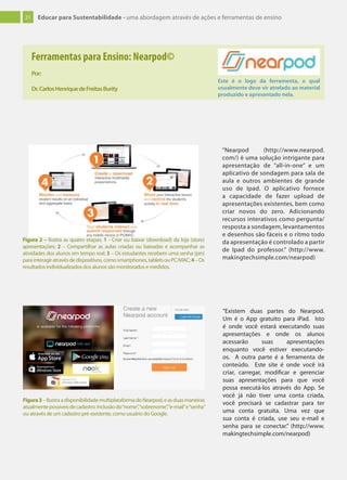 21 Educar para Sustentabilidade - uma abordagem através de ações e ferramentas de ensino
“Nearpod (http://www.nearpod.
com/) é uma solução intrigante para
apresentação de “all-in-one” e um
aplicativo de sondagem para sala de
aula e outros ambientes de grande
uso de Ipad. O aplicativo fornece
a capacidade de fazer upload de
apresentações existentes, bem como
criar novos do zero. Adicionando
recursos interativos como pergunta/
resposta a sondagem, levantamentos
e desenhos são fáceis e o ritmo todo
da apresentação é controlado a partir
de Ipad do professor.” (http://www.
makingtechsimple.com/nearpod)
Figura 2 – Ilustra as quatro etapas: 1 - Criar ou baixar (download) da loja (store)
apresentações; 2 – Compartilhar as aulas criadas ou baixadas e acompanhar as
atividades dos alunos em tempo real; 3 – Os estudantes recebem uma senha (pin)
parainteragiratravésdedispositivos,comosmartphones,tabletsouPC/MAC;4–Os
resultados individualizados dos alunos são monitorados e medidos.
Figura3–IlustraadisponibilidademultiplataformadoNearpod,easduasmaneiras
atualmentepossíveisdecadastro.Inclusãodo“nome”,“sobrenome”,“e-mail”e“senha”
ou através de um cadastro pré-existente, como usuário do Google.
“Existem duas partes do Nearpod.
Um é o App gratuito para iPad. Isto
é onde você estará executando suas
apresentações e onde os alunos
acessarão suas apresentações
enquanto você estiver executando-
os. A outra parte é a ferramenta de
conteúdo. Este site é onde você irá
criar, carregar, modificar e gerenciar
suas apresentações para que você
possa executá-los através do App. Se
você já não tiver uma conta criada,
você precisará se cadastrar para ter
uma conta gratuita. Uma vez que
sua conta é criada, use seu e-mail e
senha para se conectar.” (http://www.
makingtechsimple.com/nearpod)
Ferramentas para Ensino: Nearpod©
Por:
Dr.CarlosHenriquedeFreitasBurity
Este é o logo da ferramenta, o qual
usualmente deve vir atrelado ao material
produzido e apresentado nela.
 