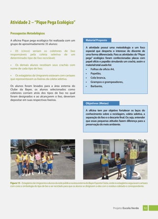 32Projeto Escola Verde
Figura15–EstagiáriosdaUnigranrioealunosdaredepúblicanaáreaexternadoBayerEsporteClube,ondeosestagiáriosseguravamcartazes
com cores e simbologia do tipo de lixo a ser reciclado para que os alunos se dirigissem a eles com o resíduo coletado e correspondente.
Atividade 2 –“Pique Pega Ecológico”
Pressupostos Metodológicos
A oficina Pique pega ecológico foi realizada com um
grupo de aproximadamente 35 alunos:
• 05 (cinco) seriam os coletores de lixo
responsáveis pela coleta seletiva de um
determinado tipo de lixo reciclável;
• Os demais alunos recebiam seus crachás com
nome de cada tipo de lixo;
• Os estagiários da Unigranrio estavam com cartazes
que representavam as lixeiras da coleta seletiva.
Os alunos foram levados para a área externa do
Clube da Bayer, os alunos selecionados como
coletores corriam atrás dos tipos de lixo no qual
foram designados e ao alcançarem o lixo, deveriam
depositar em suas respectivas lixeiras.
A atividade possui uma metodologia e um foco
especial que desperta o interesse do discente de
uma forma diferenciada. Para as atividades do“Pique
pega” ecológico foram confeccionadas placas com
papel ofício e papelão simulando um crachá, assim o
materialtotalusadofoi:
• Folhas de oﬁcio A4,
• Papelão,
• Cola branca,
• Grampos e grampeadores,
• Barbante,
Material Proposto
A oficina tem por objetivo fortalecer os laços do
conhecimento sobre a reciclagem, coleta seletiva, a
separaçãodolixoeodescartefinal.Ouseja,entender
que essas pequenas atitudes fazem diferença para a
preservaçãodomeioambiente.
Objetivos (Metas)
 