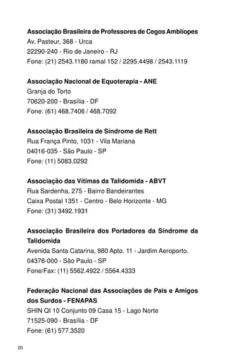 Associação Brasileira de Professores de Cegos Amblíopes
     Av. Pasteur, 368 - Urca
     22290-240 - Rio de Janeiro - RJ
     Fone: (21) 2543.1180 ramal 152 / 2295.4498 / 2543.1119


     Associação Nacional de Equoterapia - ANE
     Granja do Torto
     70620-200 - Brasília - DF
     Fone: (61) 468.7406 / 468.7092


     Associação Brasileira de Síndrome de Rett
     Rua França Pinto, 1031 - Vila Mariana
     04016-035 - São Paulo - SP
     Fone: (11) 5083.0292


     Associação das Vítimas da Talidomida - ABVT
     Rua Sardenha, 275 - Bairro Bandeirantes
     Caixa Postal 1351 - Centro - Belo Horizonte - MG
     Fone: (31) 3492.1931


     Associação Brasileira dos Portadores da Síndrome da
     Talidomida
     Avenida Santa Catarina, 980 Apto. 11 - Jardim Aeroporto.
     04378-000 - São Paulo - SP
     Fone/Fax: (11) 5562.4922 / 5564.4333


     Federação Nacional das Associações de Pais e Amigos
     dos Surdos - FENAPAS
     SHIN QI 10 Conjunto 09 Casa 15 - Lago Norte
     71525-090 - Brasília - DF
     Fone: (61) 577.3520

20
 