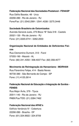 Federação Nacional das Sociedades Pestalozzi - FENASP
Rua Odílio Bacelar, 48 - Urca
22290-280 - Rio de Janeiro - RJ
Fone/Fax: (21) 2542.2991 / 2541.4338 / 2275.3448


Sociedade Brasileira de Ostomizados
Avenida General Justo, 275 Bloco “B” Sala 318 - Castelo
20021-130 - Rio de Janeiro - RJ
Fone: (21) 2220.0741 / 2262.2003


Organização Nacional de Entidades de Deficientes Físi-
cos
Rua Clementino Dumont, 312 - Farol
57055-190 - Maceió - AL
Fone: (82) 241.4350 / 358.4037 Fax: (82) 358.4077


Movimento de Reintegração do Hanseniano - MORHAN
Rua Florentino Felipe, 414 - Baeta Neves
90730-380 - São Bernardo do Campo - SP
Fone: (11) 4125.2614


Federação Nacional de Educação e Integração de Surdos -
FENEIS
Rua Major Ávila, 379 - Tijuca
20511-140 - Rio de Janeiro - RJ
PABX/Fax/TDD: (21) 2284.7462


Federação Nacional das APAE’s
Edifício Venâncio IV - Cobertura
22290-280 - Brasília - DF
Fone: (61) 224.9922 / 224.9709

                                                          21
 