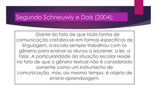 Segundo Schneuwly e Dolz (2004):
Diante do fato de que toda forma de
comunicação cristaliza-se em formas específicas de
linguagem, a escola sempre trabalhou com os
gêneros para ensinar os alunos a escrever, a ler, a
falar. A particularidade da situação escolar reside
no fato de que o gênero textual não é considerado
somente como um instrumento de
comunicação, mas, ao mesmo tempo, é objeto de
ensino-aprendizagem.

 